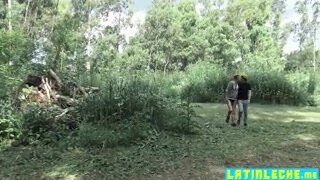 two young guys horny in park make out and add a third