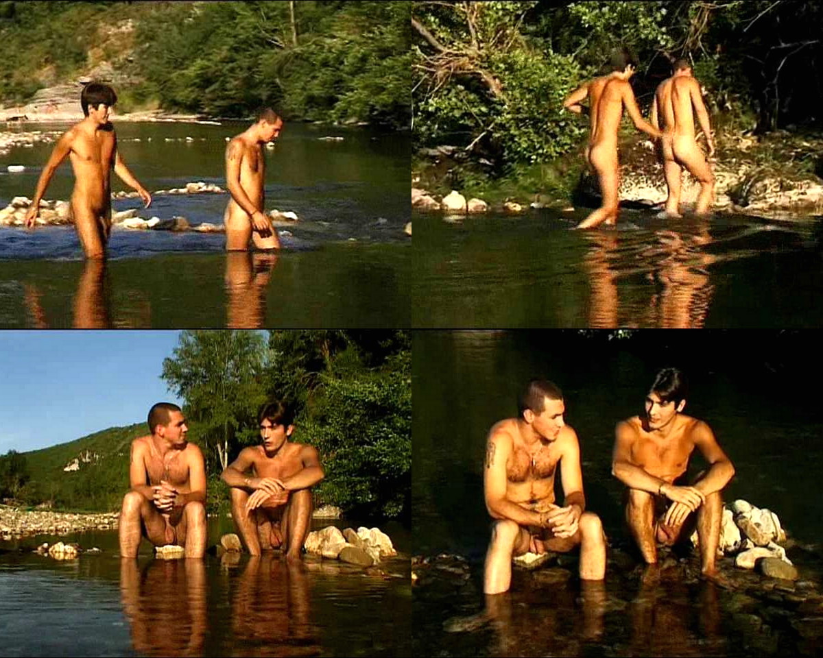 nudist friends talk in the river
