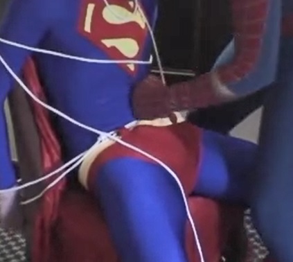 Superman is tied up by Spider-Man