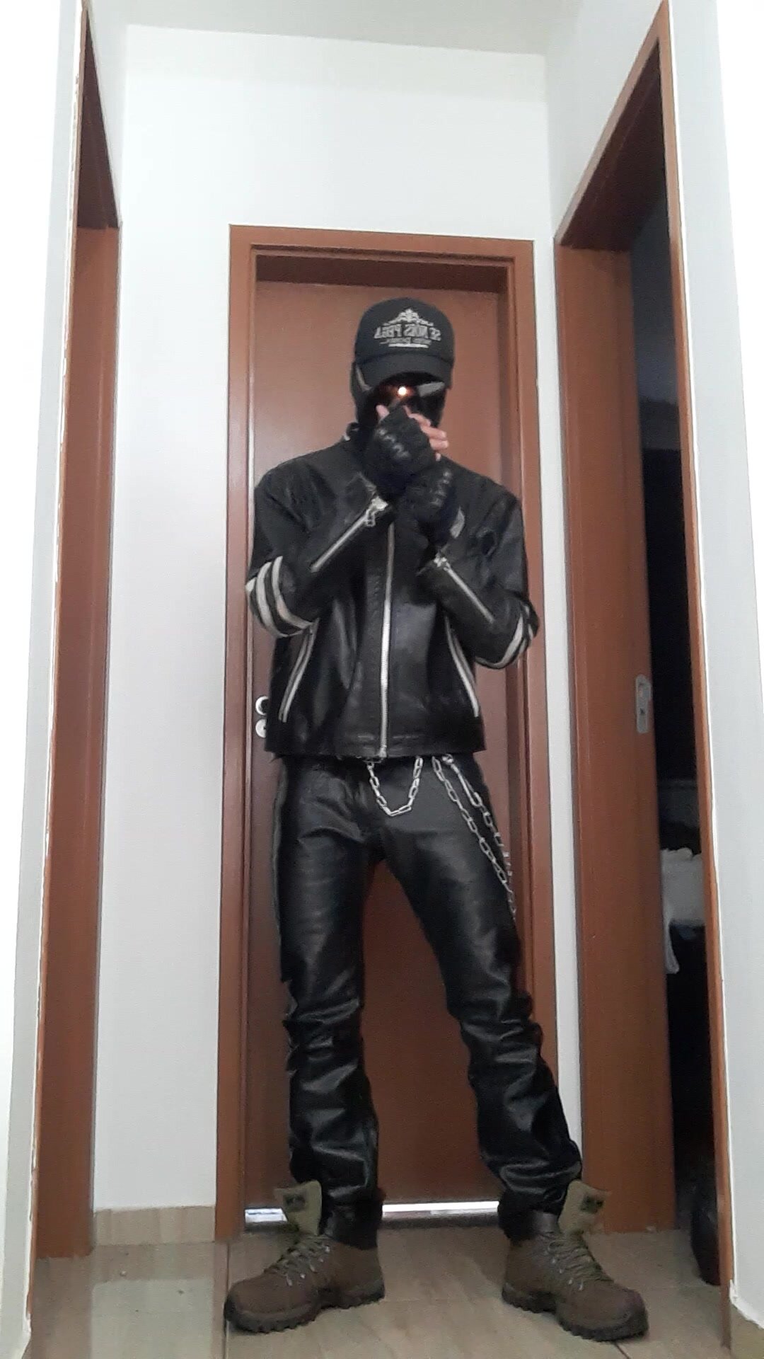 Leather boy  smoking with new jacket