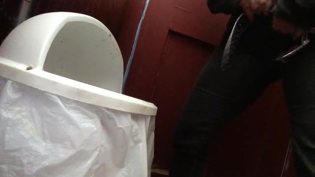 Standing Piss in Public Bathroom Trash Can - REAL