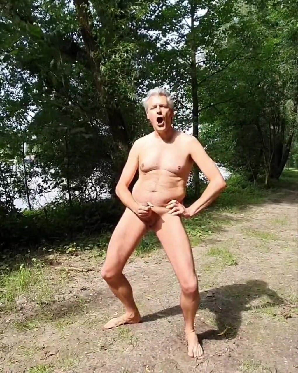 Sexy grandpa jizzing outdoors