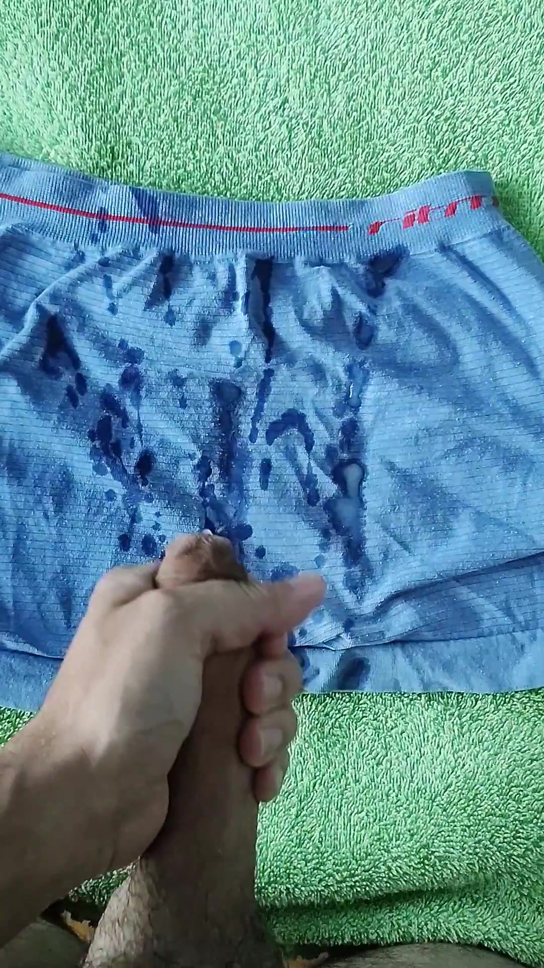Huge cumshot on blue underwear