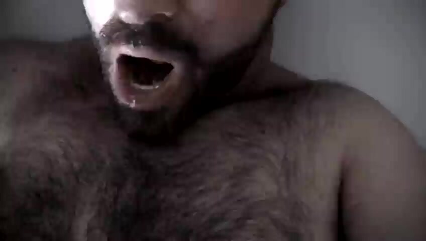 Hairy ape piss and cum in his own mouth