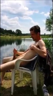 wanking off in front of friend at the lake - public