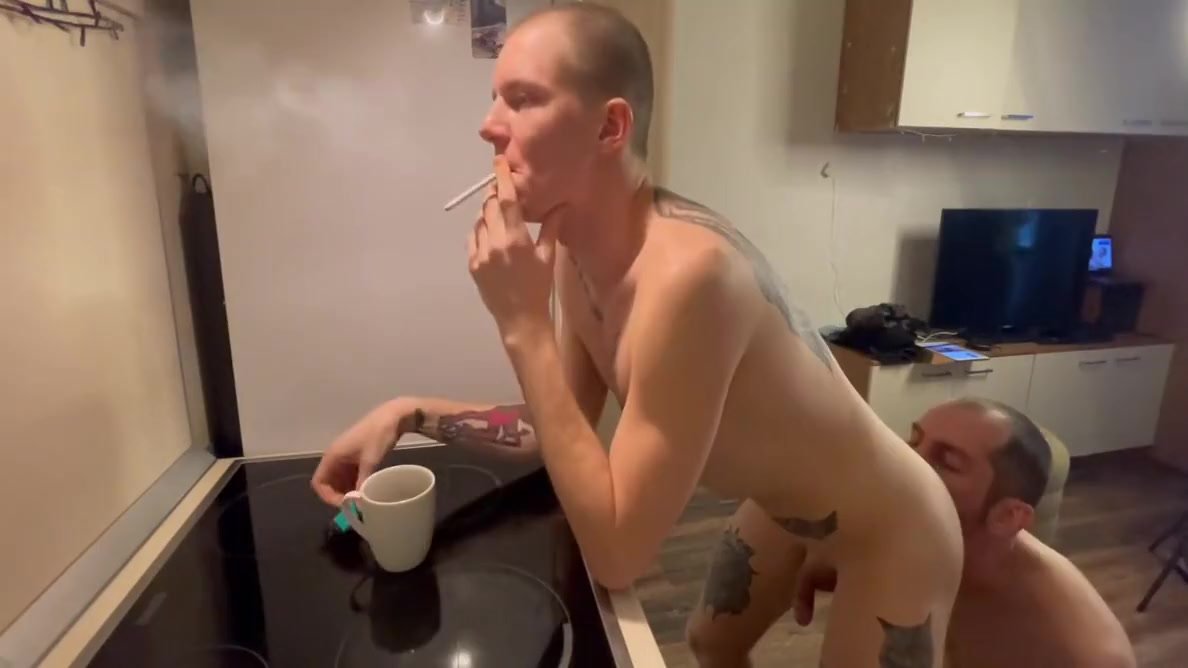 Having his morning coffee, smoke and fuck