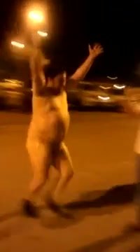 Fat dad goes naked on the street after losing bet