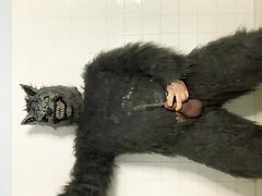 Pissing on myself in werewolf bodysuit