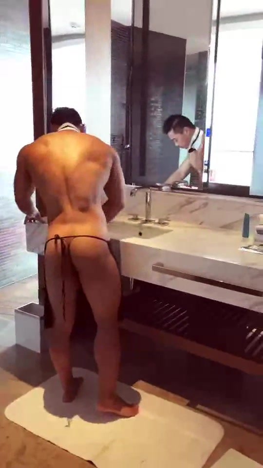 asian naked man cleaning