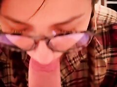 Nerdy teen with braces throats cock