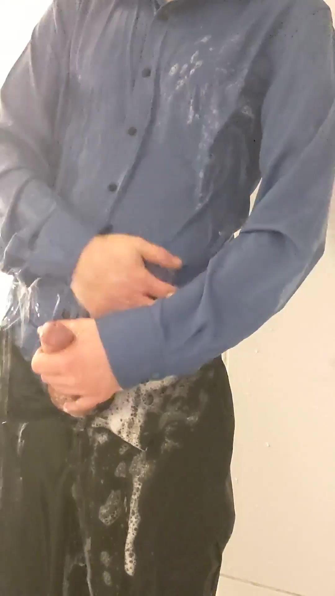 Shower in shirt with cum-shot