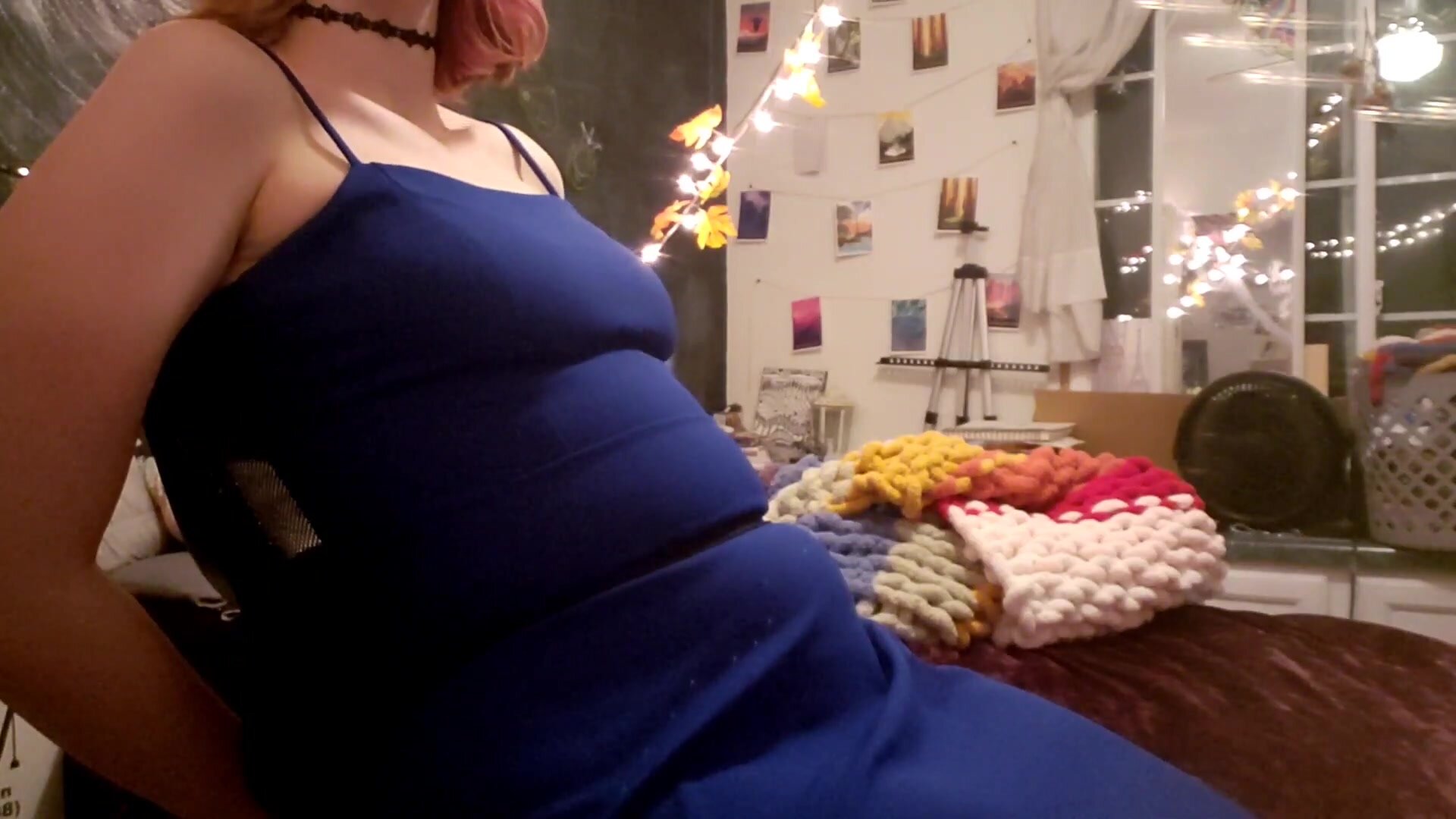 Belly Inflation in a Blue Dress