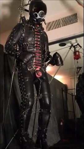 Gay Leather Bondage Suit Suspension with Electro