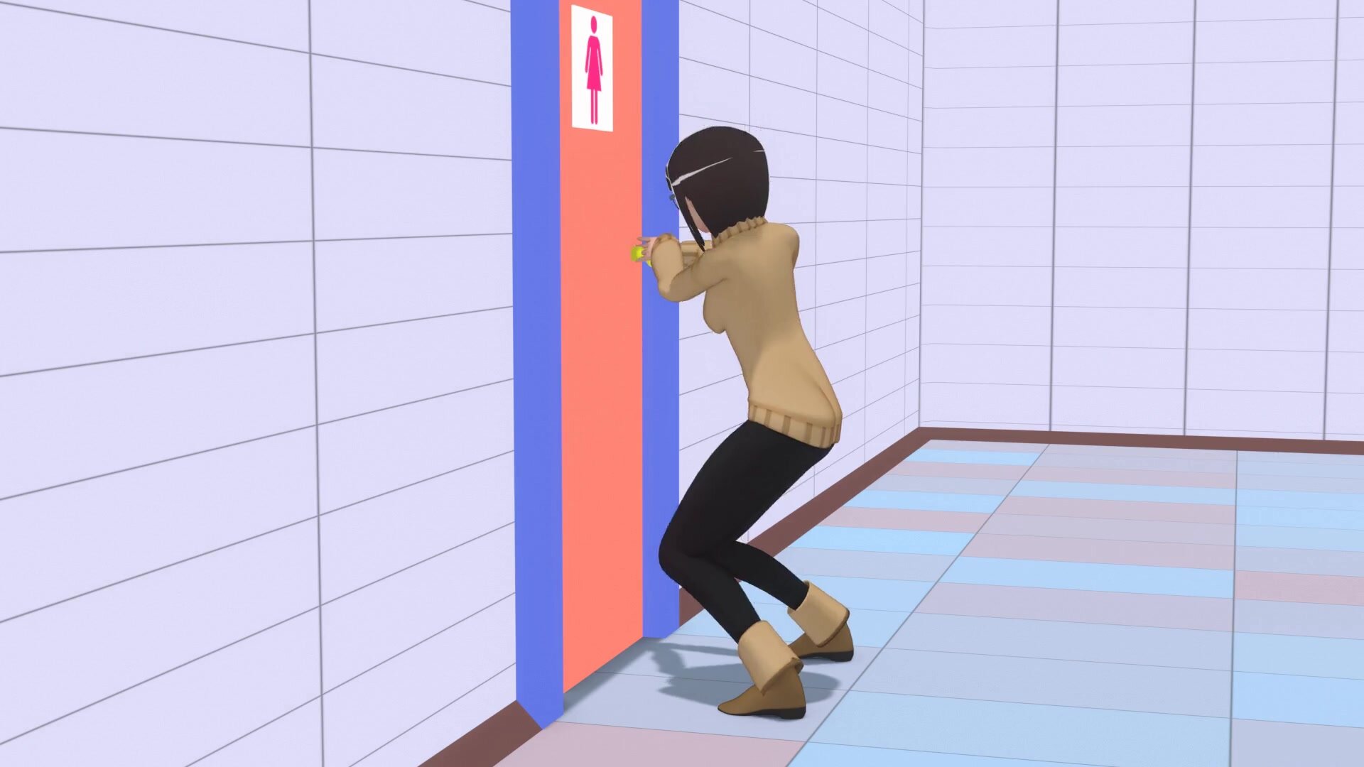 Anime girl panty poop in front of bathroom