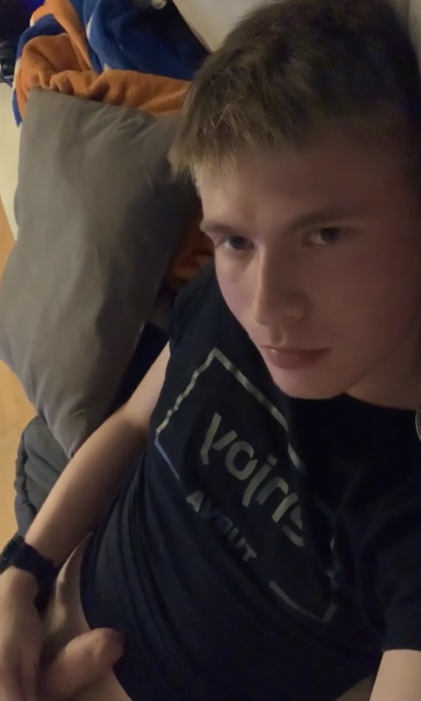 Cute young blonde teen jerks his big dick
