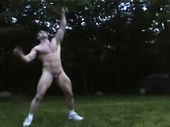 Very hot bodybuilder plays badminton with a hard-on
