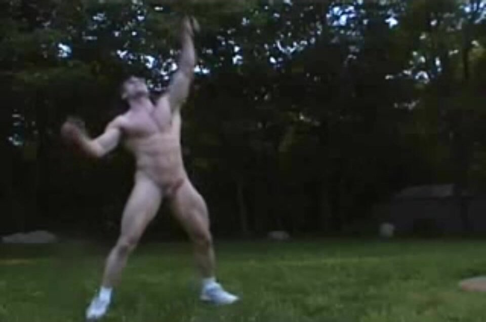 Very hot bodybuilder plays badminton with a hard-on