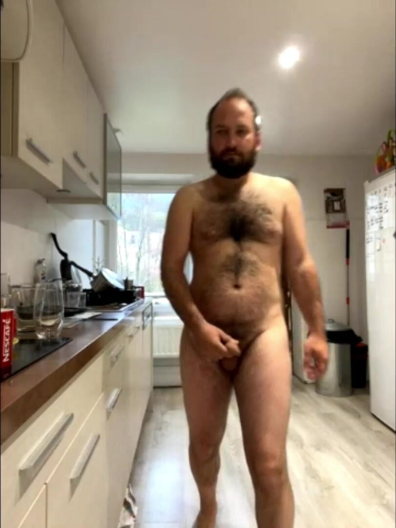 Hot Bear jerking off in his kitchen