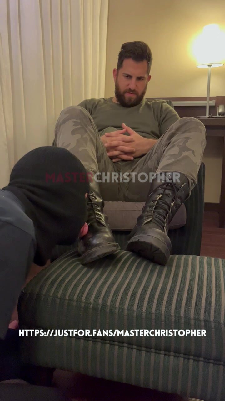 Dirty military boots and feet licking