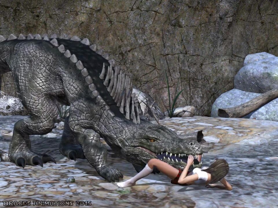 Giant lizard eats girl - dressed