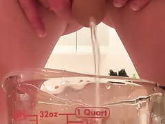 Long desperate piss into measuring cup!