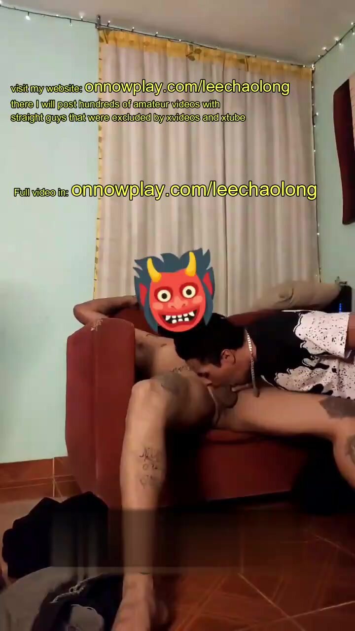 sucking a tattooed straight guy while he's watching por