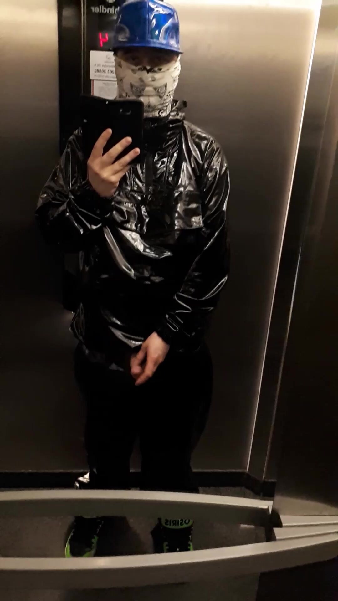 Wank in elevator wearing pvc hoodie and baggy pants