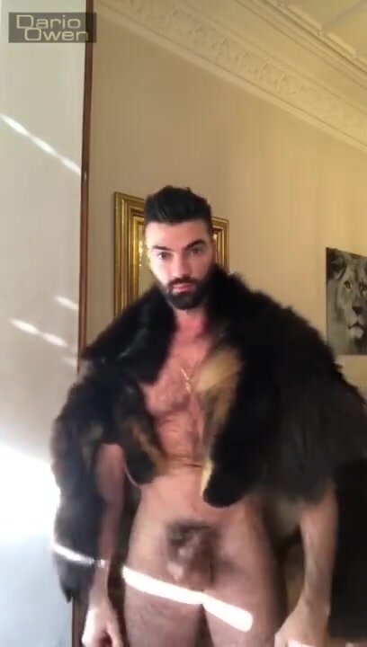 Hairy dude jacks off with bearskin over his shoulders