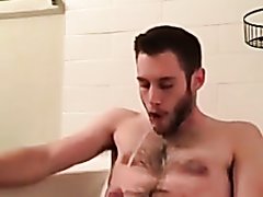 handsome, hairy guy pisses himself
