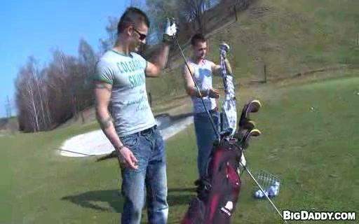 Outdoor jocks bareback on golf course