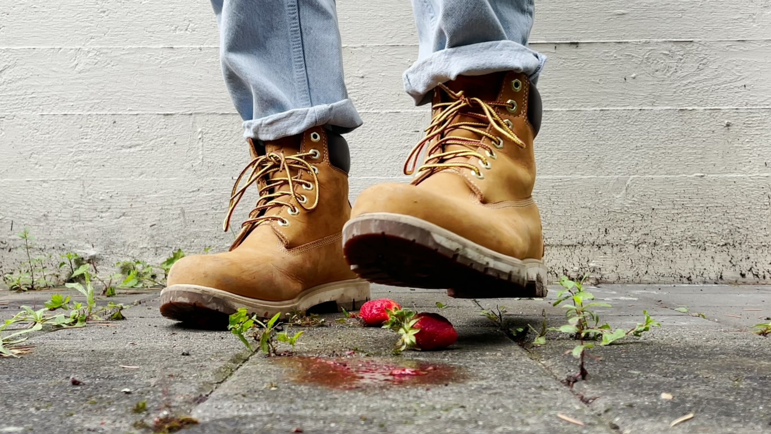 Timberland boots stomping strawberries