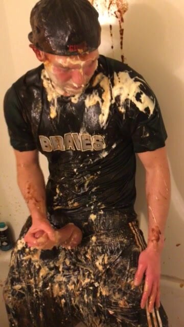 Cute twink jerk off covered in puke and filth
