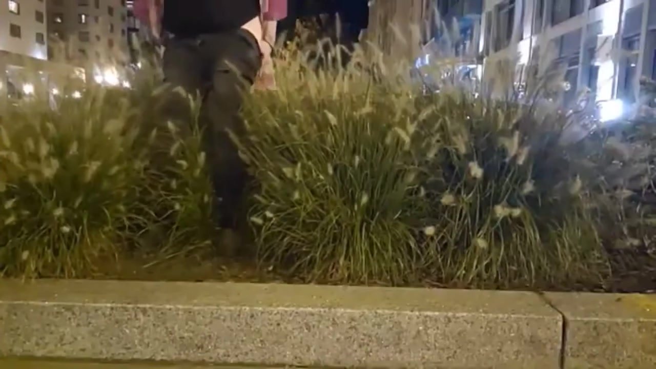 Drunk girl squat bushes, fall and pee