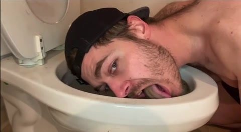 Faggot licking toilet bowl
