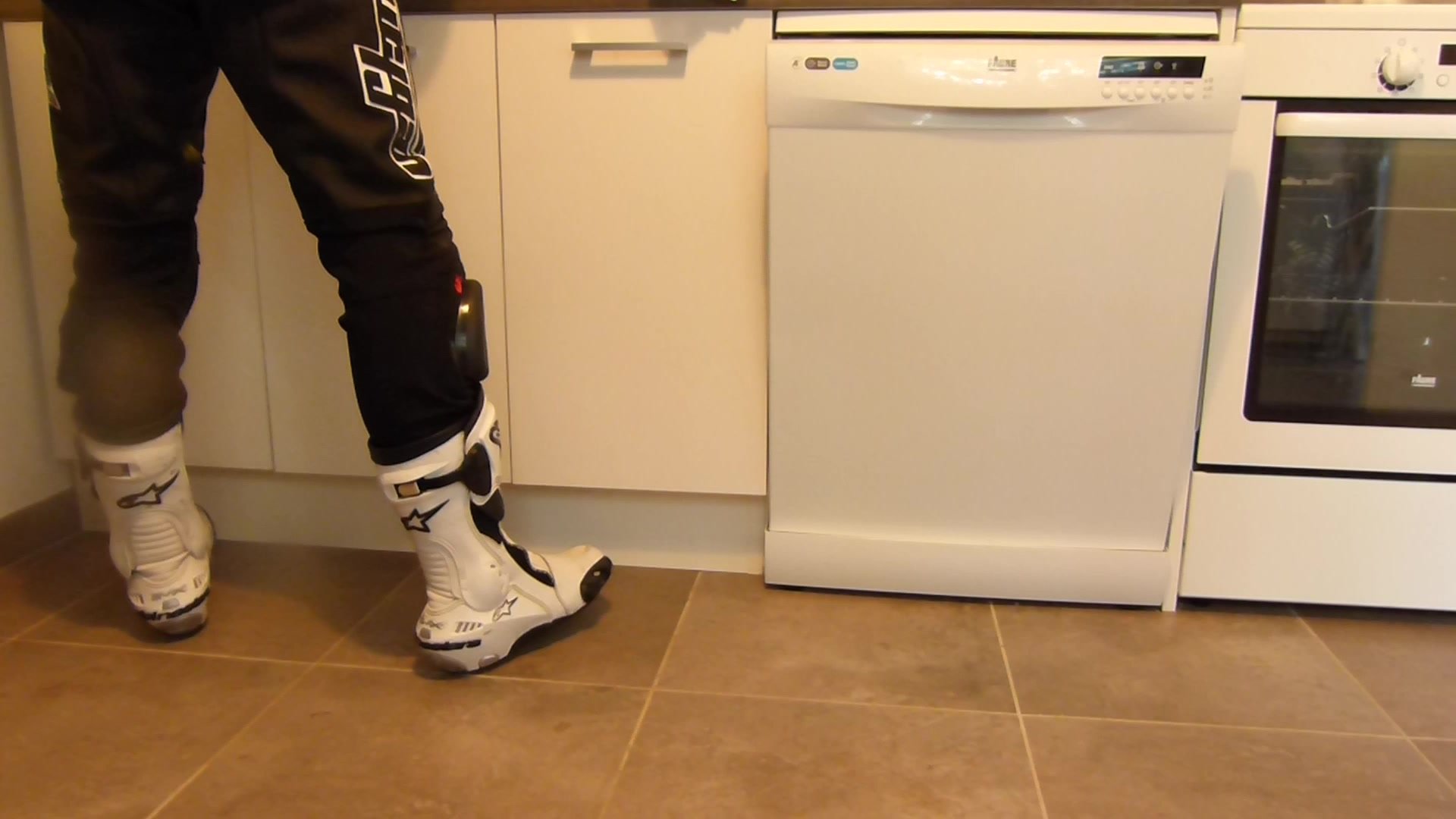 Doing cooking in bike leathers + boots