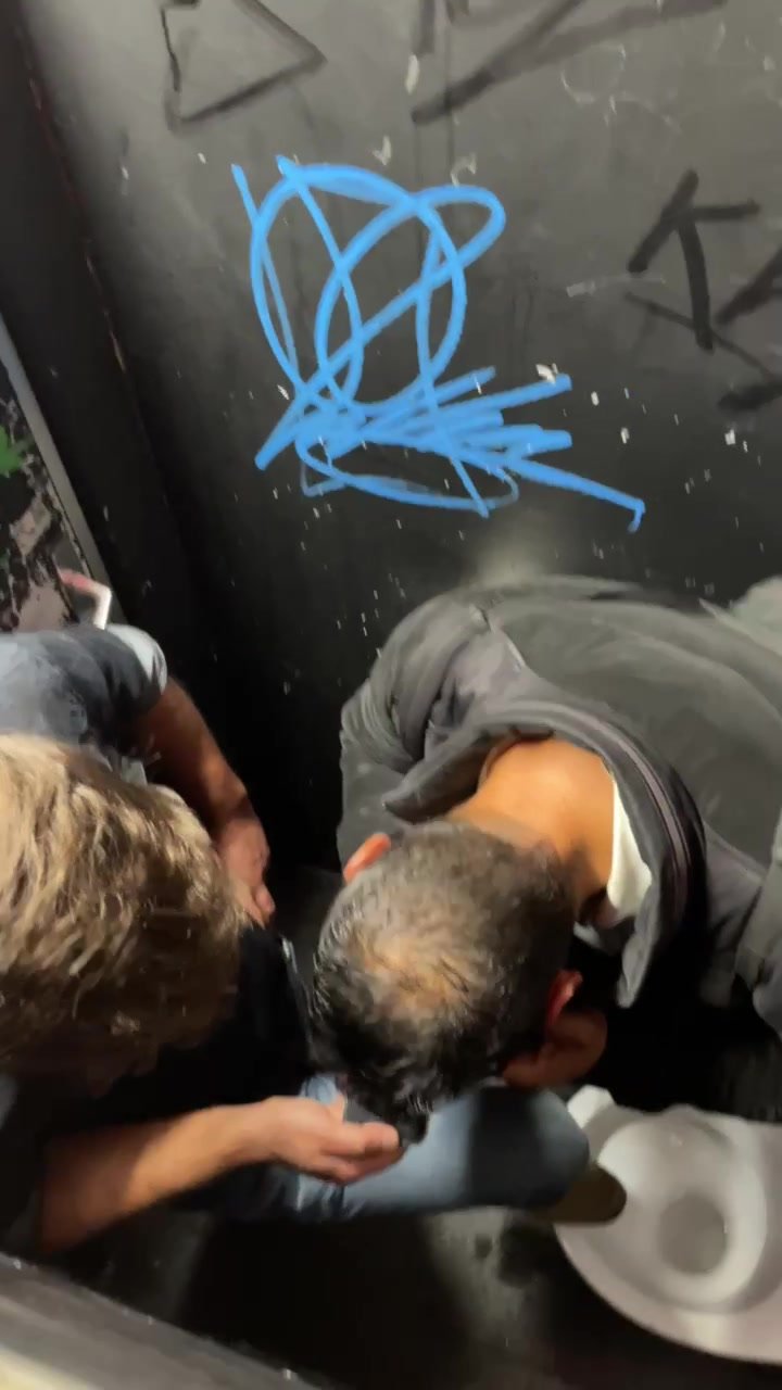 Straight guys taking drug in club toilet (no nudity)