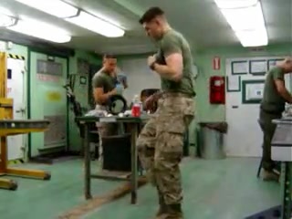 military boys get down and dance in uniform