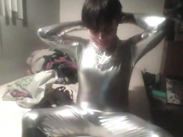metalic zentai boy have some fun