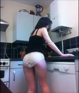 poops her panties in kitchen