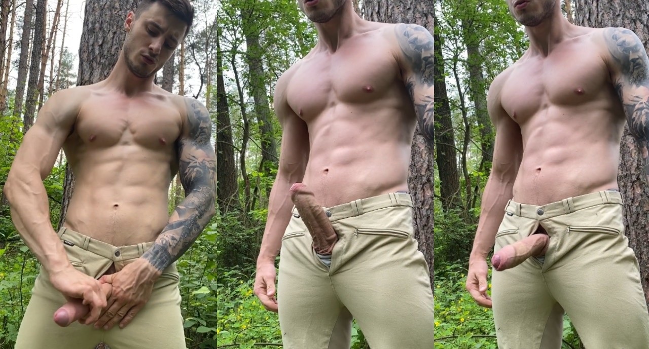 Handsome Guy Jerking off and Cumming in the Woods