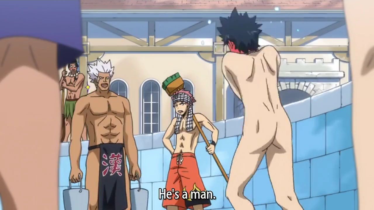 Anime dude realises he's naked a little too late..