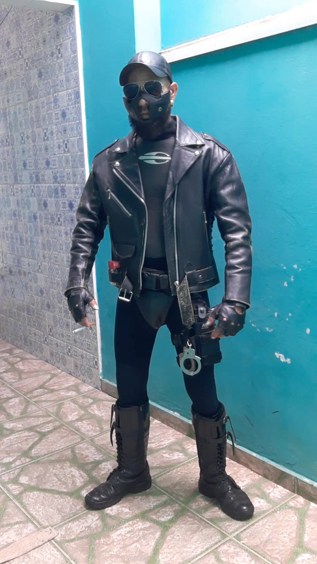 Leather  cop neoprene catsuit smoking
