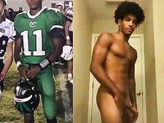 American football player jerks cock in bathroom