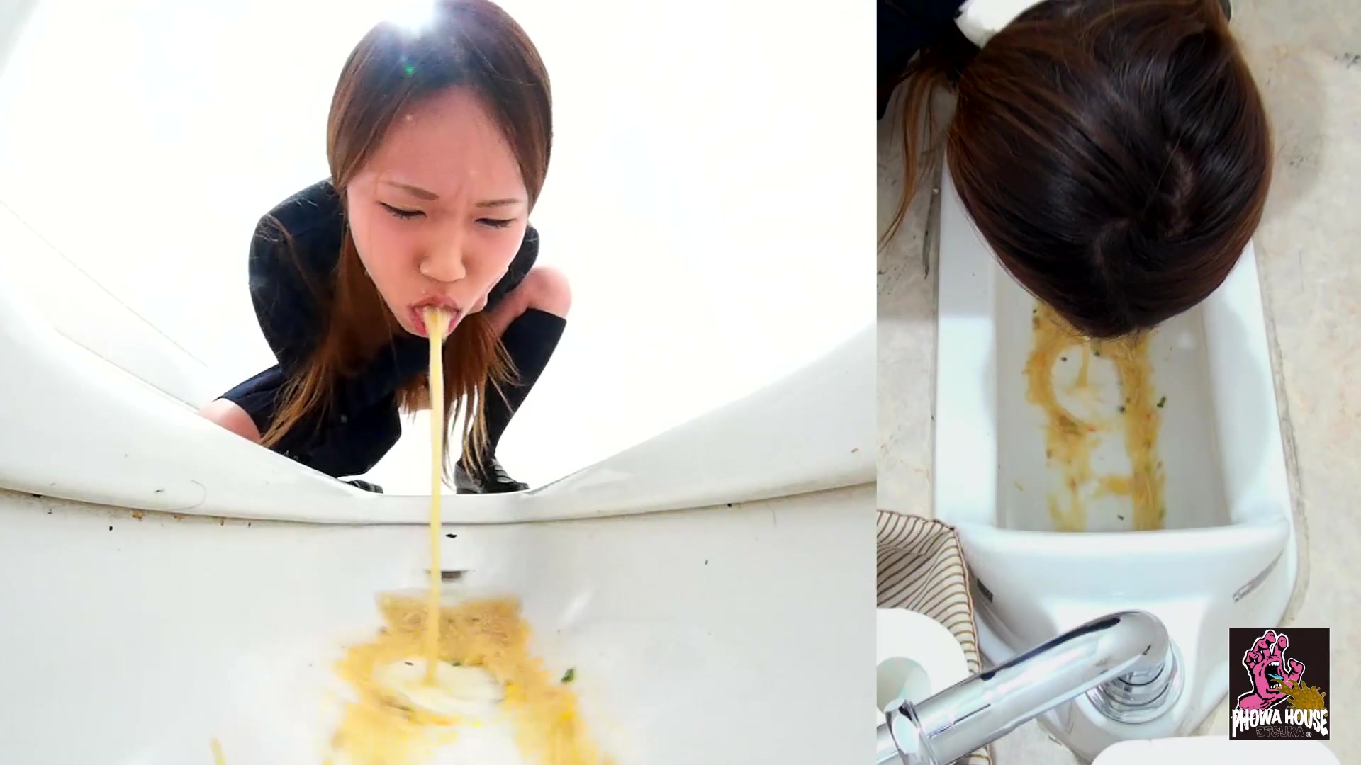 japanese student girl vomit a lot at toilet.