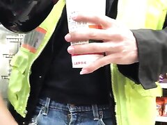Hi vis lets shopkeeper touch his cock