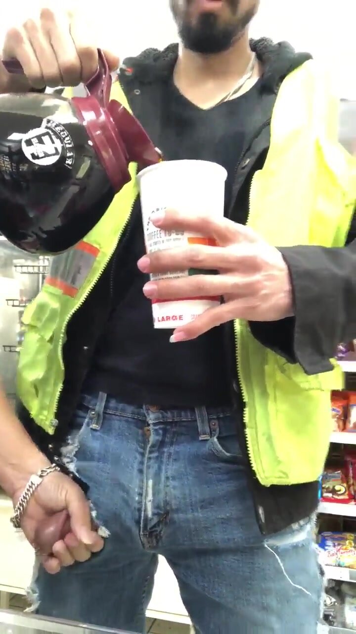 Hi vis lets shopkeeper touch his cock