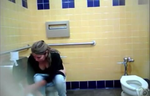 Bloated Latina takes a pee in public toilet