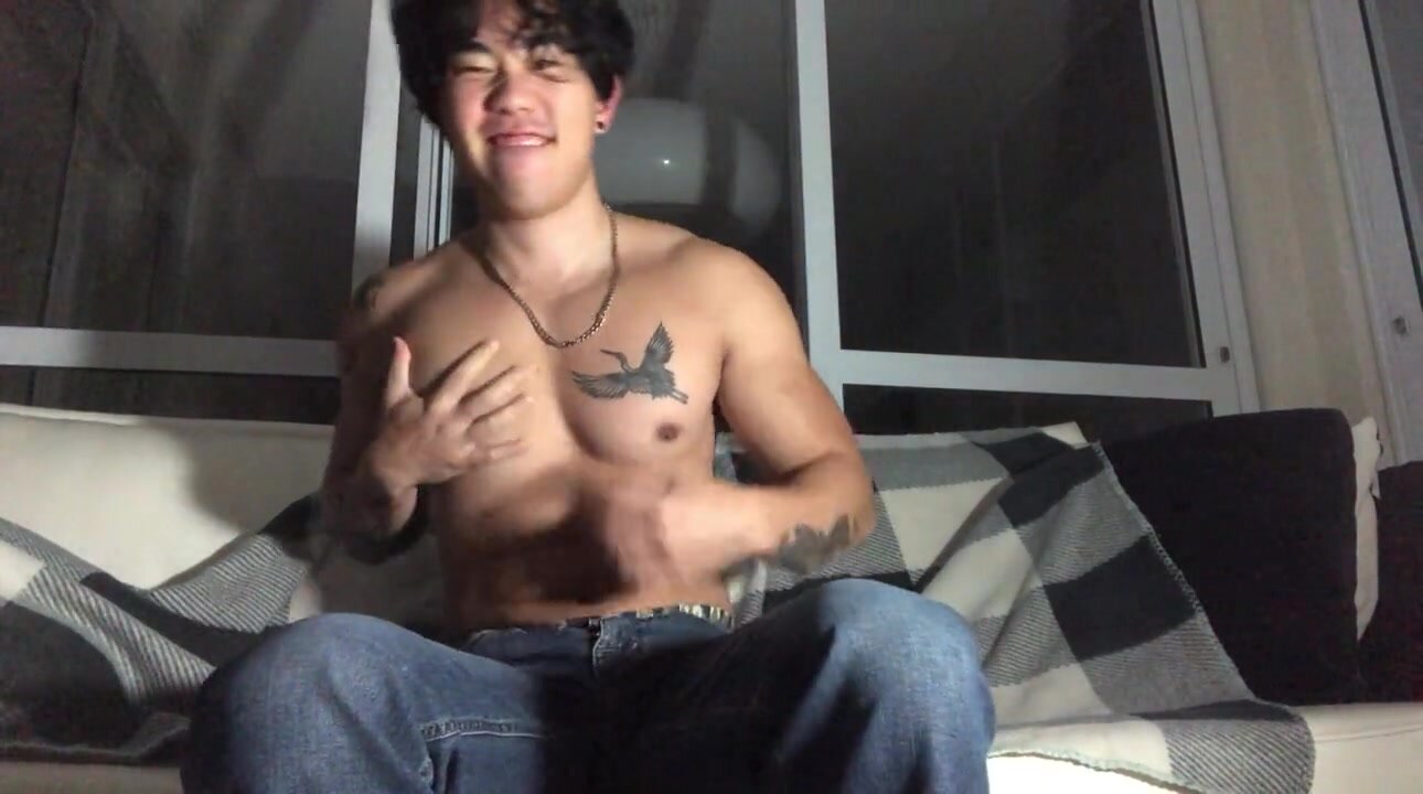 Hot asian tatted hunk tease and jerk off cum