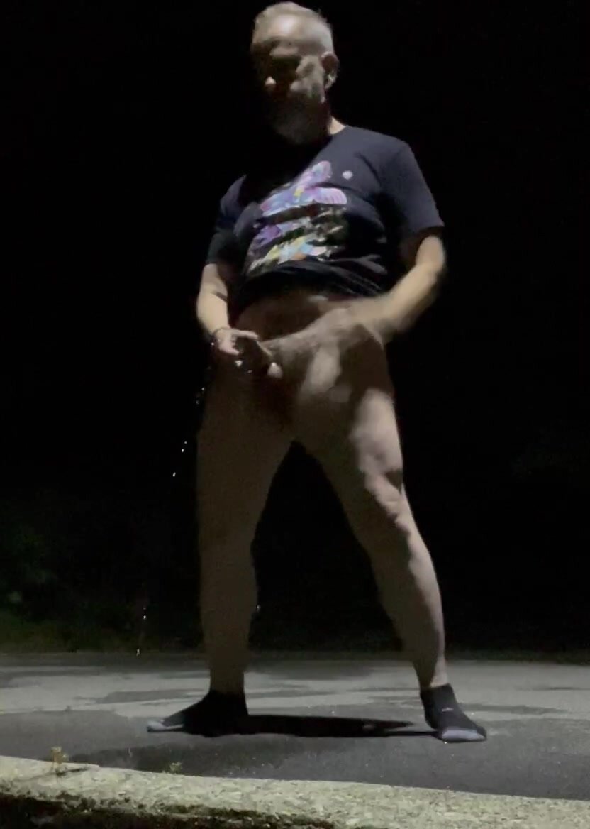 Nighttime pissing and naked wank outside