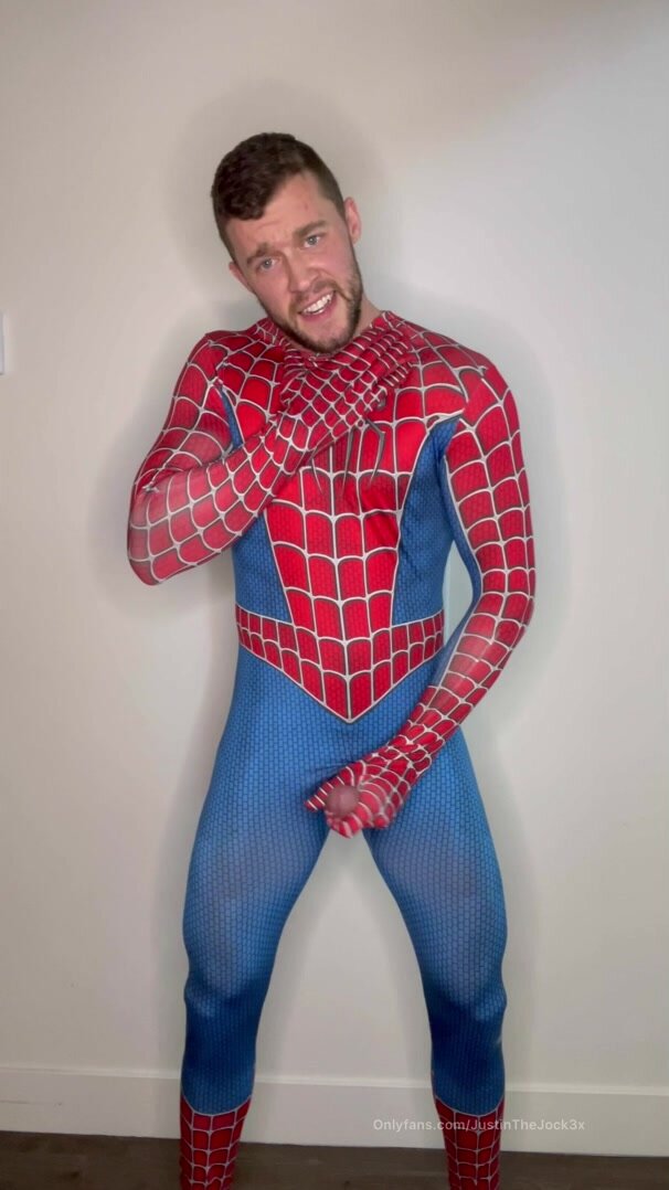 Jock jerks off in a spiderman suit